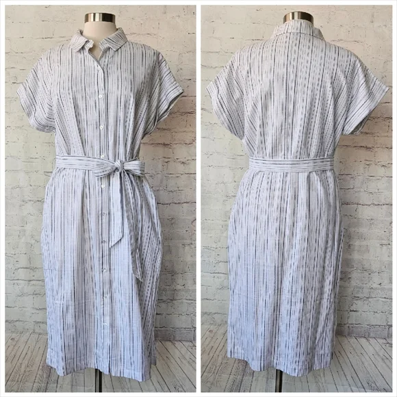 NWOT Ann Taylor Factory Button Front Cotton White Blue Stripe Shirtdress Large - Picture 3 of 11